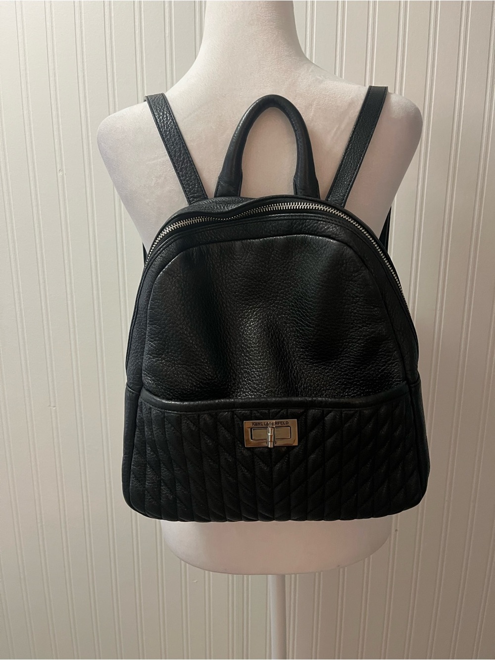Karl Lagerfeld Black Quilted Leather Backpack with Turn-Lock